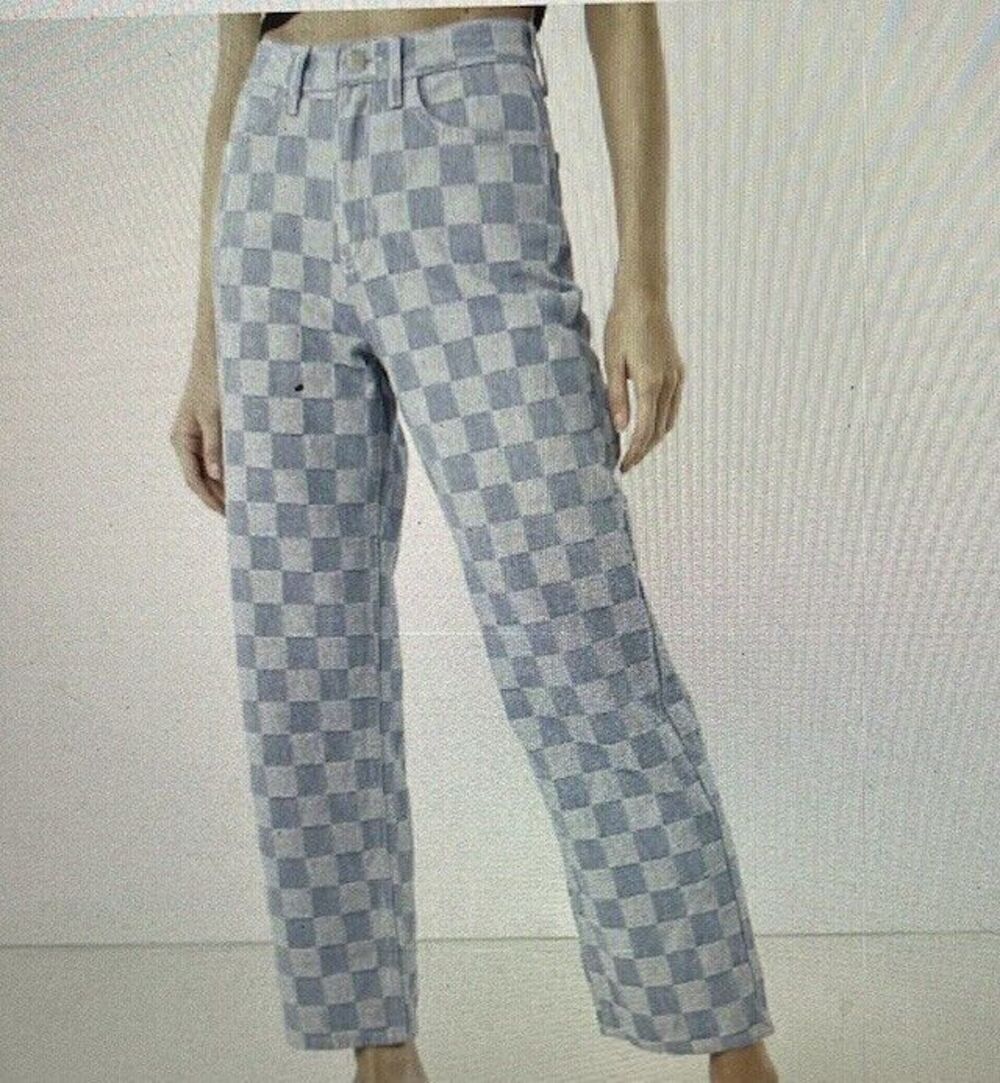 Oak + Fork Checkered Blue Denim High Waist Wide Leg Mom Jean Size PS Medium Wash